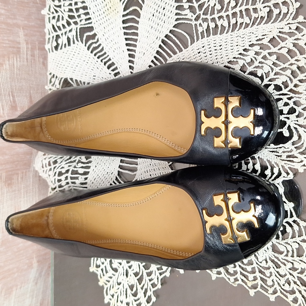 Tory Burch Black Flats with Gold Logo